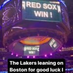 The words "Red Sox Win!" played as a part of a video in Crypto.com Arena during the Lakers, Nuggets game.