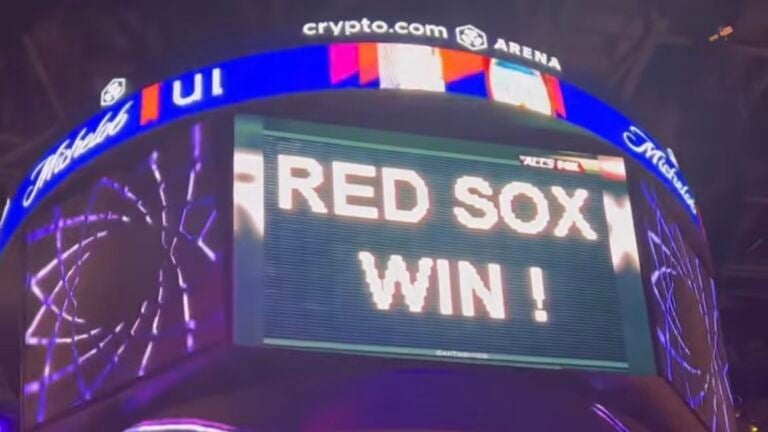 The words "Red Sox Win!" played as a part of a video in Crypto.com Arena during the Lakers, Nuggets game.