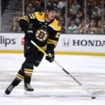 Hampus Lindholm #27 of the Boston Bruins skates against the Florida Panthers during the third period of Game Two of the First Round of the 2023 Stanley Cup Playoffs at TD Garden on April 19, 2023 in Boston, Massachusetts. The Panthers defeat the Bruins 6-3.