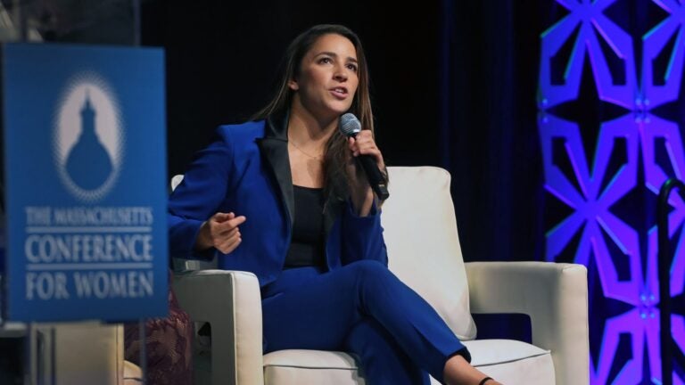 Aly Raisman speaks at The Massachusets Conference For Women at the Boston Convention Center in 2018.