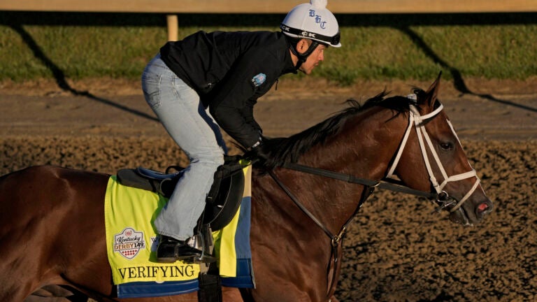 Kentucky Derby hopeful Verifying works out at Churchill Downs Wednesday, May 3, 2023, in Louisville, Ky.