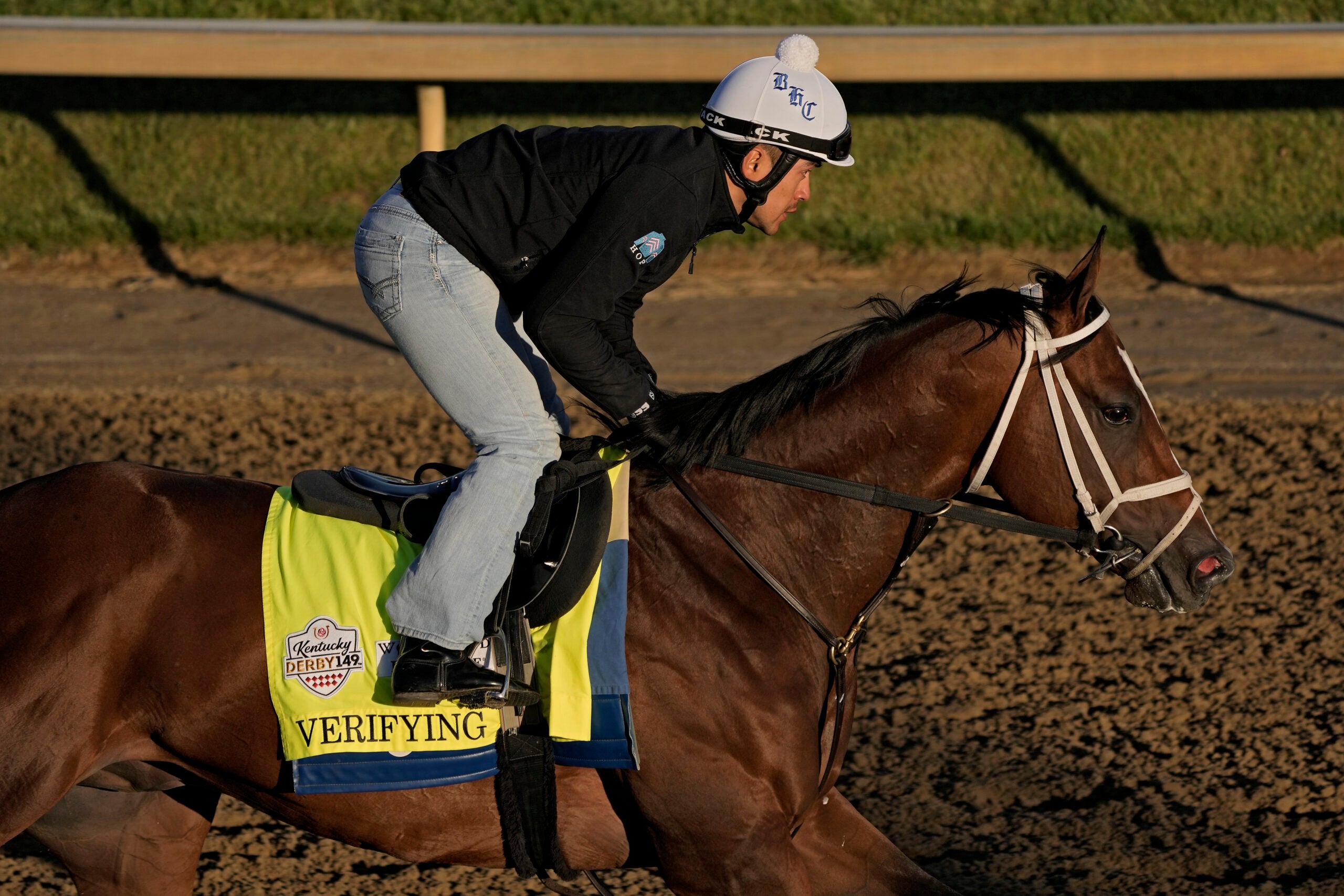 Kentucky Derby hopeful Verifying works out at Churchill Downs Wednesday, May 3, 2023, in Louisville, Ky.