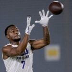 LSU wide receiver Kayshon Boutte runs a drill during LSU Pro Day on Wednesday, March 29, 2023, in Baton Rouge, La.
