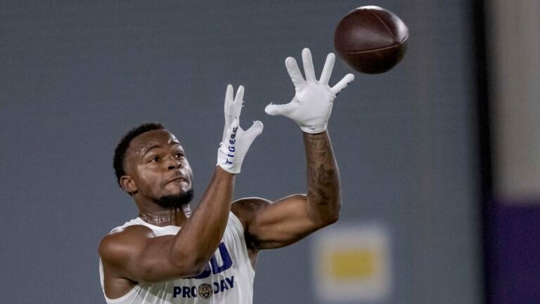 LSU wide receiver Kayshon Boutte runs a drill during LSU Pro Day on Wednesday, March 29, 2023, in Baton Rouge, La.