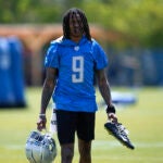 Detroit Lions wide receiver Jameson Williams (9) walks off the field after an NFL football practice.