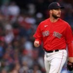 Ryan Brasier #70 of the Boston Red Sox is relieved during the seventh inning against the Cleveland Guardians at Fenway Park on April 29, 2023 in Boston, Massachusetts.