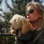 Colleen Briggs holds her 8-month-old poodle named Bondi, during a walk a park near their home, Thursday April 6, 2023, in New York.