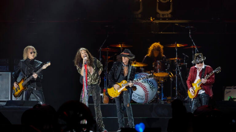 Tom Hamilton, from left, Steven Tyler, Joe Perry, John Douglas and Brad Whitford of Aerosmith, perform on Sept. 8, 2022, at Fenway Park in Boston.