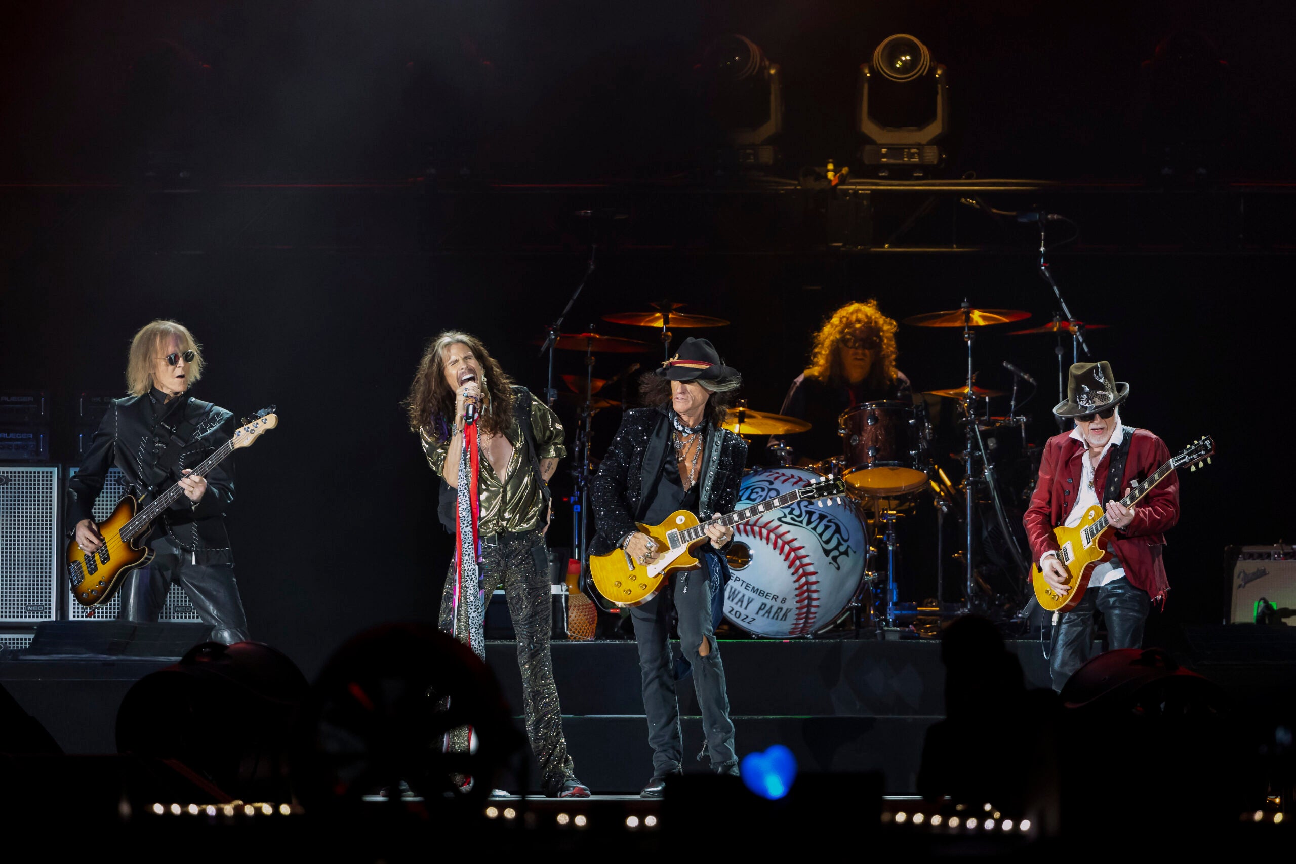 Tom Hamilton, from left, Steven Tyler, Joe Perry, John Douglas and Brad Whitford of Aerosmith, perform on Sept. 8, 2022, at Fenway Park in Boston.