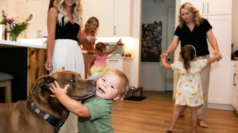 A child plays with a dog in the foreground, while a mother dances with her daughter in the background, another mother helps a child by the kitchen counter, and another mother watches the toddler and dog play.