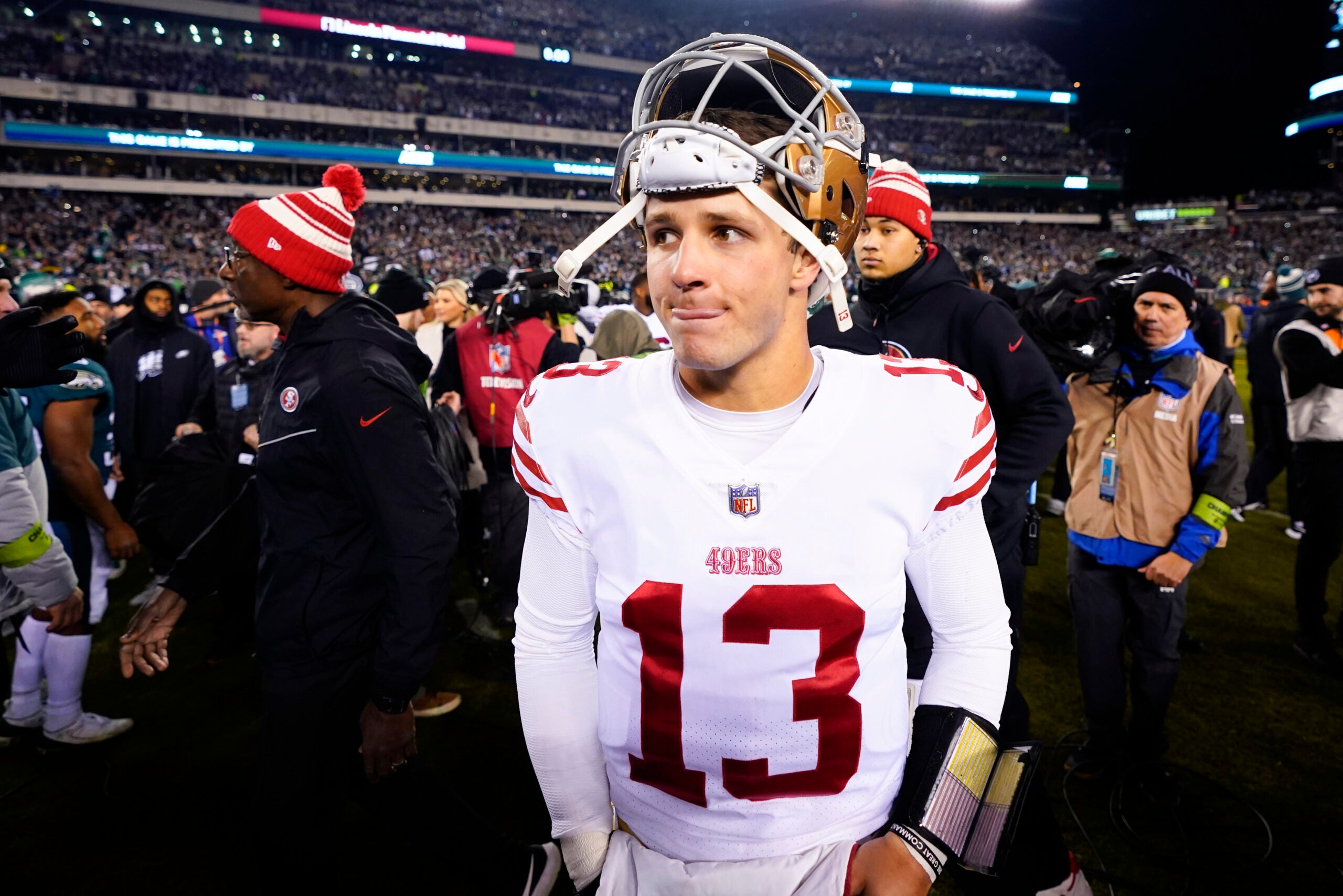 San Francisco 49ers quarterback Brock Purdy walks on the field after the NFC Championship.