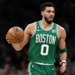 Jayson Tatum #0 of the Boston Celtics dribbles down court during the first quarter of game two of the Eastern Conference Second Round Playoffs at TD Garden on May 03, 2023 in Boston, Massachusetts