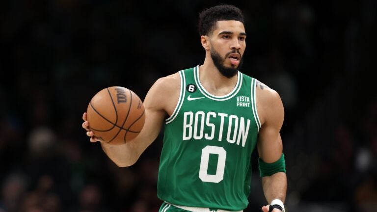 Jayson Tatum #0 of the Boston Celtics dribbles down court during the first quarter of game two of the Eastern Conference Second Round Playoffs at TD Garden on May 03, 2023 in Boston, Massachusetts