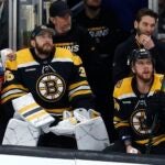 Boston Bruins' Linus Ullmark (35) sits on the bench during the second period of Game 7 of an NHL hockey Stanley Cup first-round playoff series against the Florida Panthers, Sunday, April 30, 2023, in Boston.