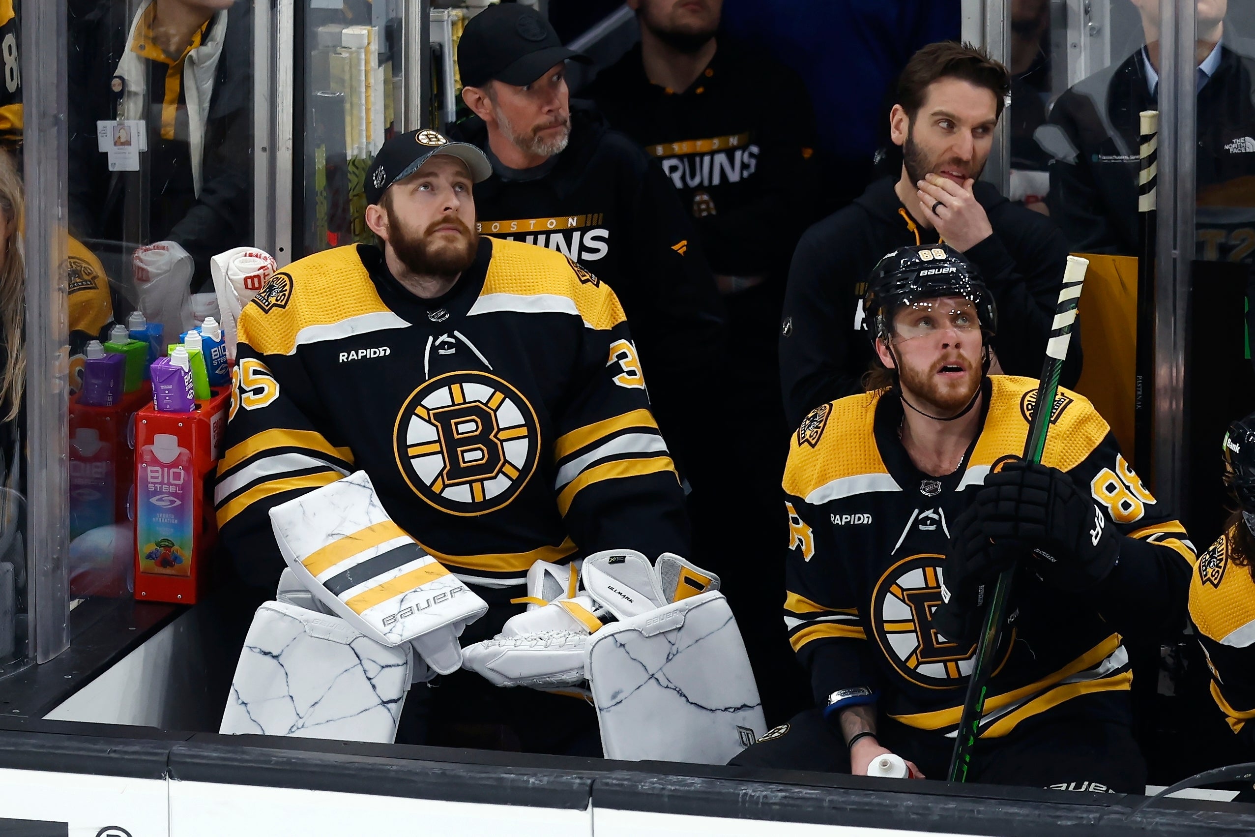 Boston Bruins' Linus Ullmark (35) sits on the bench during the second period of Game 7 of an NHL hockey Stanley Cup first-round playoff series against the Florida Panthers, Sunday, April 30, 2023, in Boston.