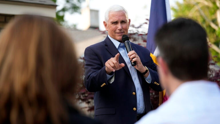 Former Vice President Mike Pence speaks to local residents during a meet and greet, Tuesday, May 23, 2023, in Des Moines, Iowa.