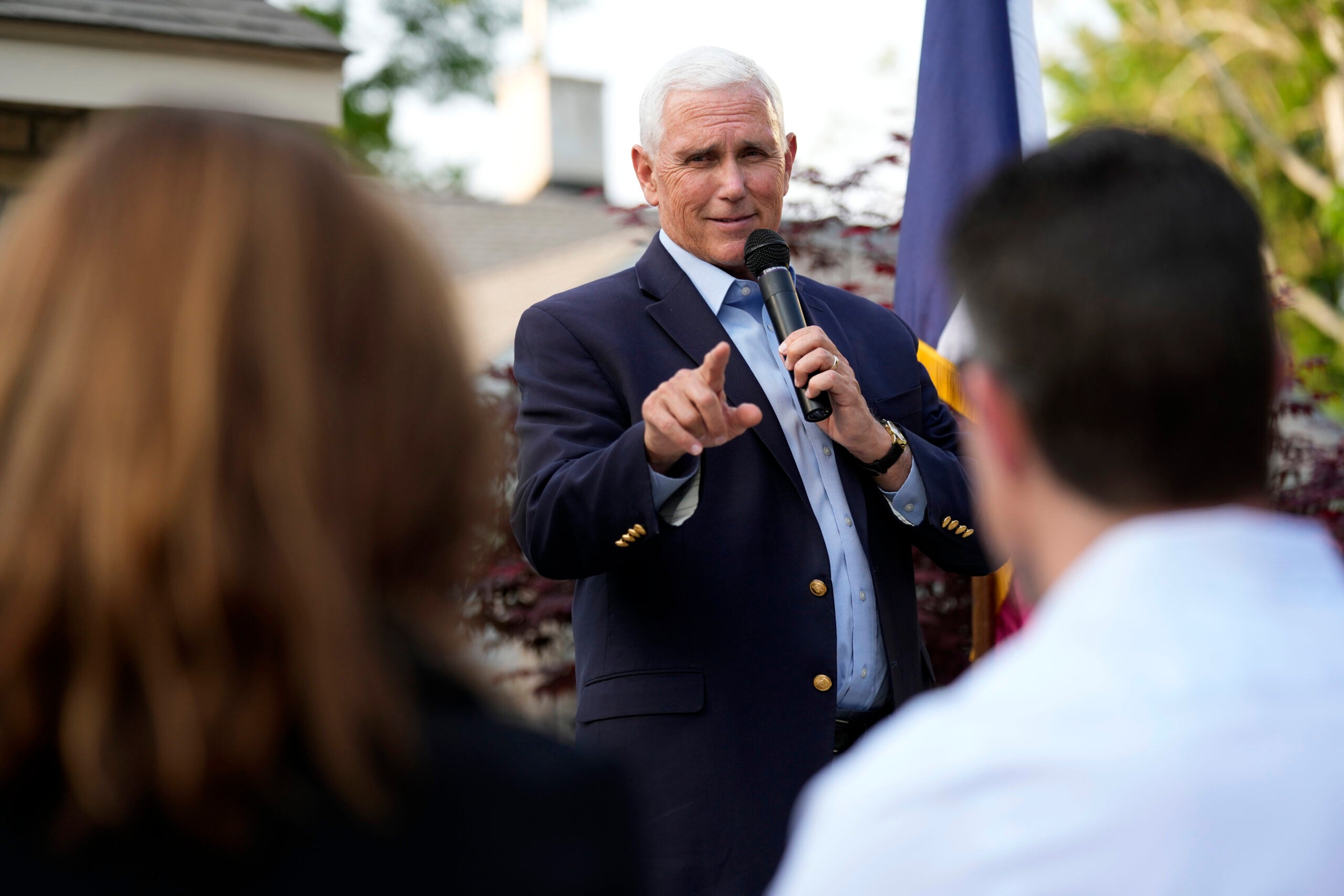Former Vice President Mike Pence speaks to local residents during a meet and greet, Tuesday, May 23, 2023, in Des Moines, Iowa.