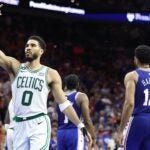 Jayson Tatum #0 of the Boston Celtics celebrates a basket against the Philadelphia 76ers