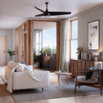 Living area with built-in glass terrace, hardwood floors, single-hung windows, and beige walls. Cambridge development reflects slow living movement.