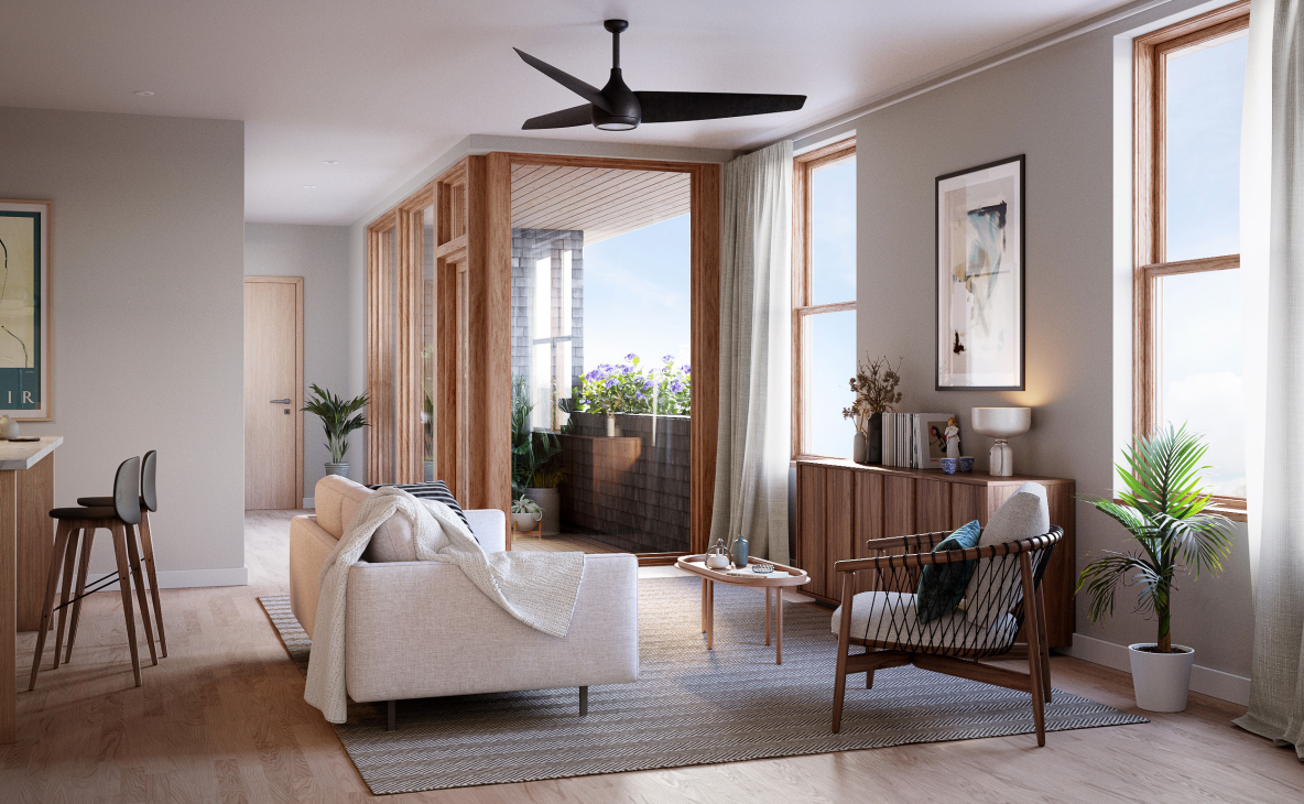 Living area with built-in glass terrace, hardwood floors, single-hung windows, and beige walls. Cambridge development reflects slow living movement.