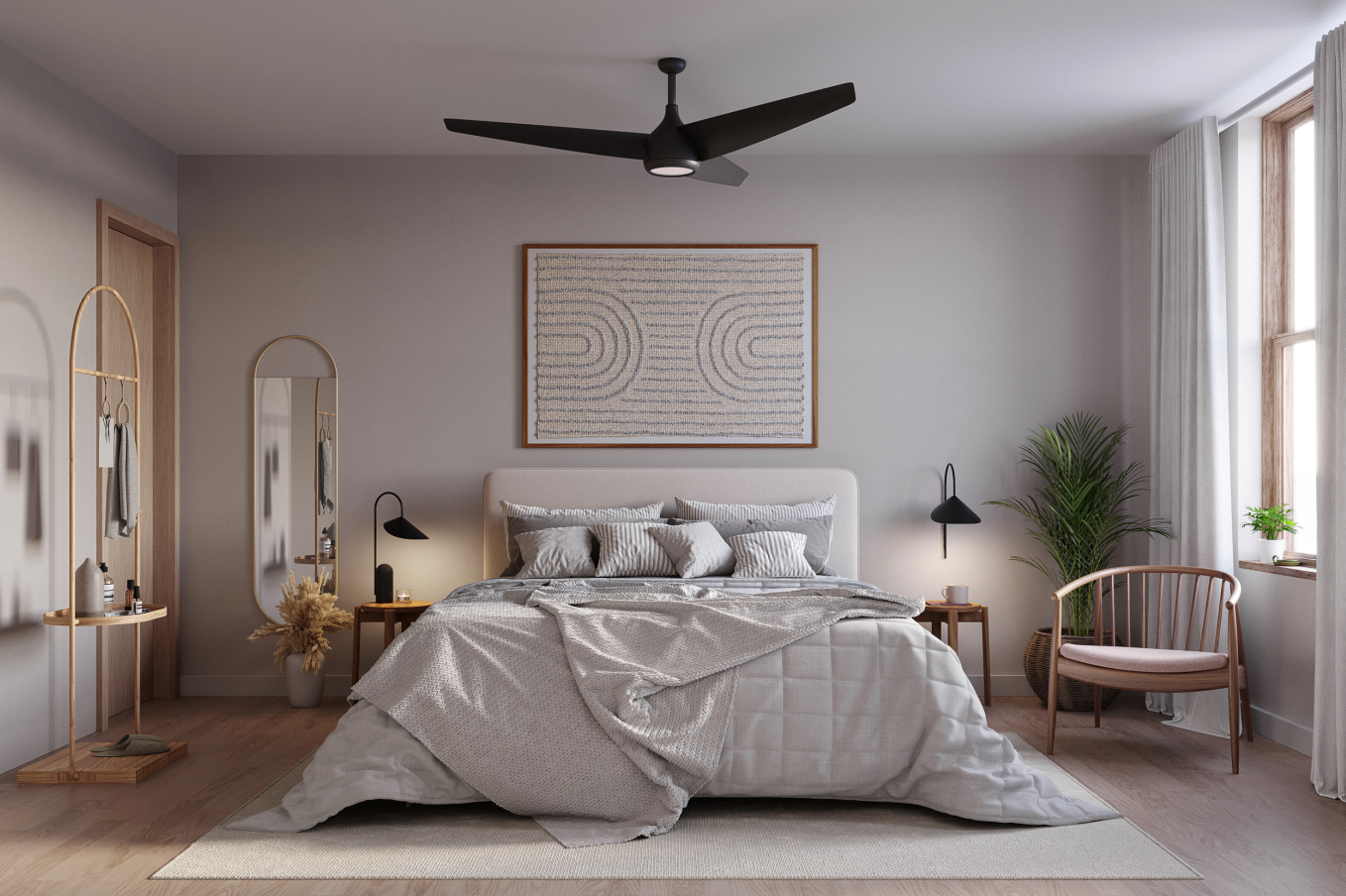 Bedroom with hardwood floors, sleek ceilings fan, beige walls, and single-hung windows.