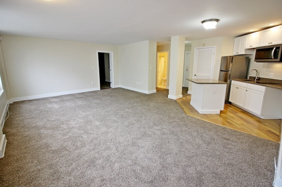 Living area with cream walls and grey carpet.