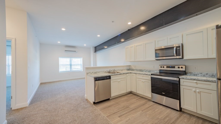 Open floor plan kitchen and living room. The kitchen has white Shaker-style cabinets and stainless steel appliances, and the living area has white walls, single-hung windows, and beige carpeting.