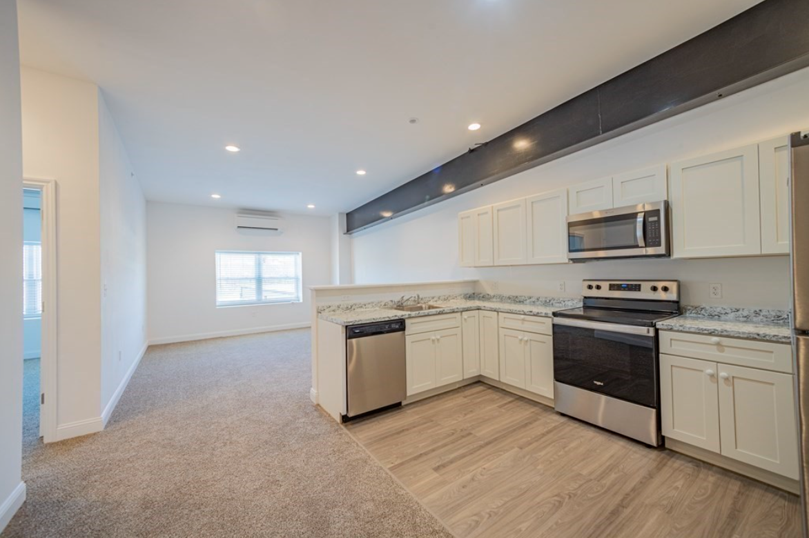Open floor plan kitchen and living room. The kitchen has white Shaker-style cabinets and stainless steel appliances, and the living area has white walls, single-hung windows, and beige carpeting.