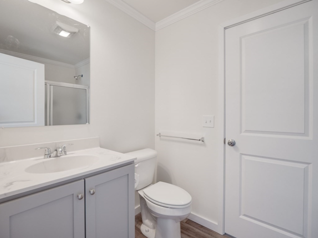 Bathroom with white walls, hardwood floors, and single vanity with light gray cabinetry.