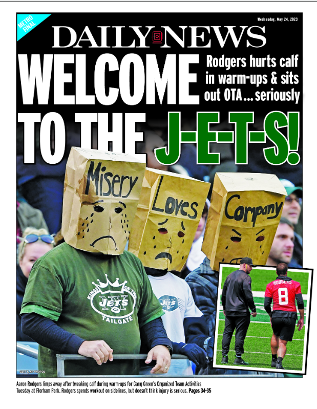 The back page of the New York Daily News, featuring a concerned headline about a recent Aaron Rodgers injury.