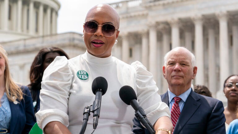 Rep. Ayanna Pressley during a news conference at the Capitol in Washington, D.C., Thursday, April 27, 2023.