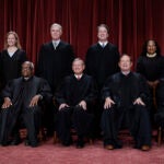 Members of the Supreme Court sit for a new group portrait following the addition of Associate Justice Ketanji Brown Jackson, at the Supreme Court building in Washington, Oct. 7, 2022. Bottom row, from left, Associate Justice Sonia Sotomayor, Associate Justice Clarence Thomas, Chief Justice of the United States John Roberts, Associate Justice Samuel Alito, and Associate Justice Elena Kagan. Top row, from left, Associate Justice Amy Coney Barrett, Associate Justice Neil Gorsuch, Associate Justice Brett Kavanaugh, and Associate Justice Ketanji Brown Jackson.