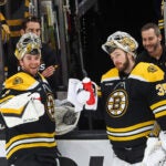 Boston Bruins goaltender Jeremy Swayman (1) and Boston Bruins goaltender Linus Ullmark (35) during their pregame routine. The Boston Bruins host the Toronto Maple Leafs on April 6, 2023 at TD Garden in Boston, MA.