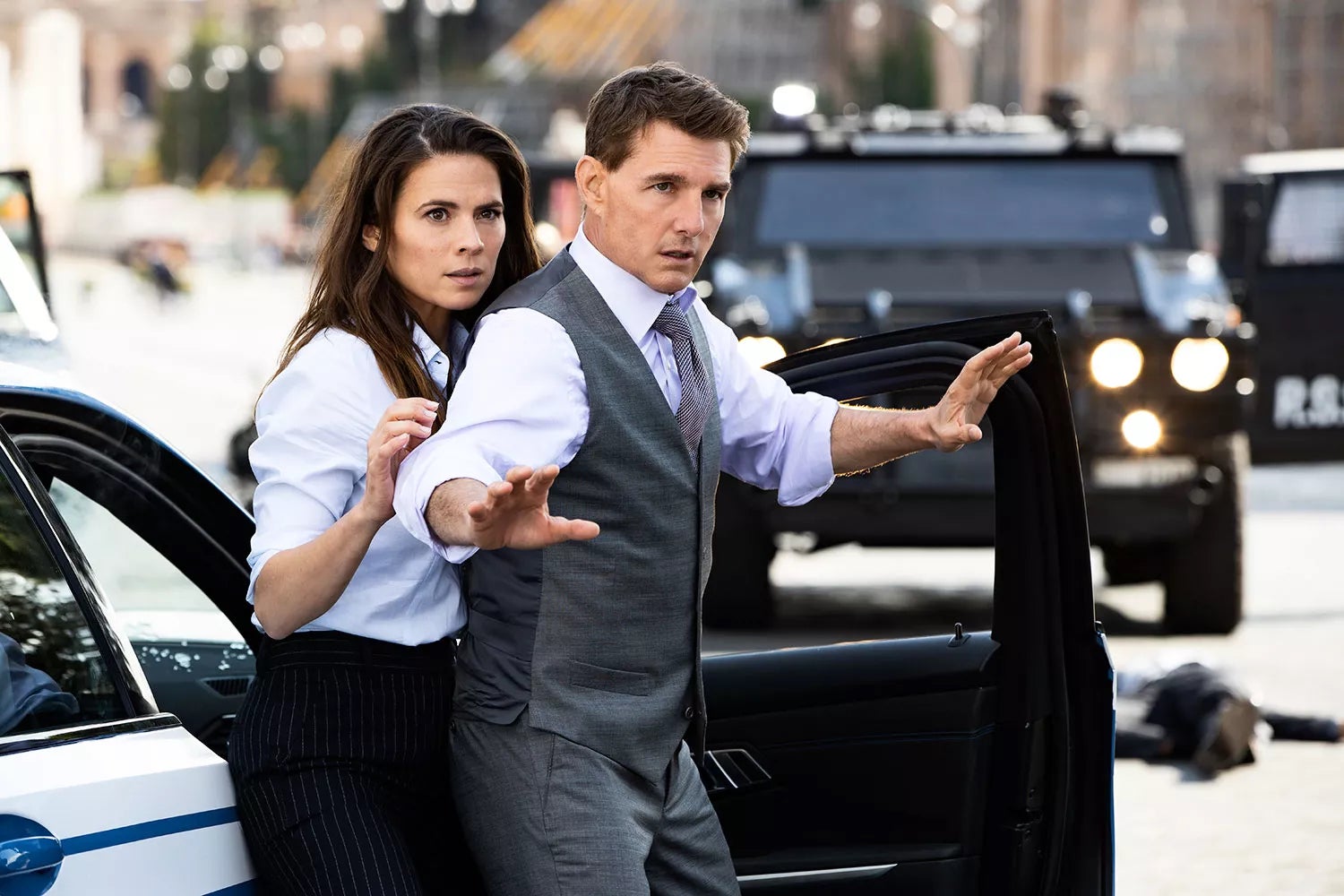 Hayley Atwell and Tom Cruise in "Mission: Impossible — Dead Reckoning, Part One."