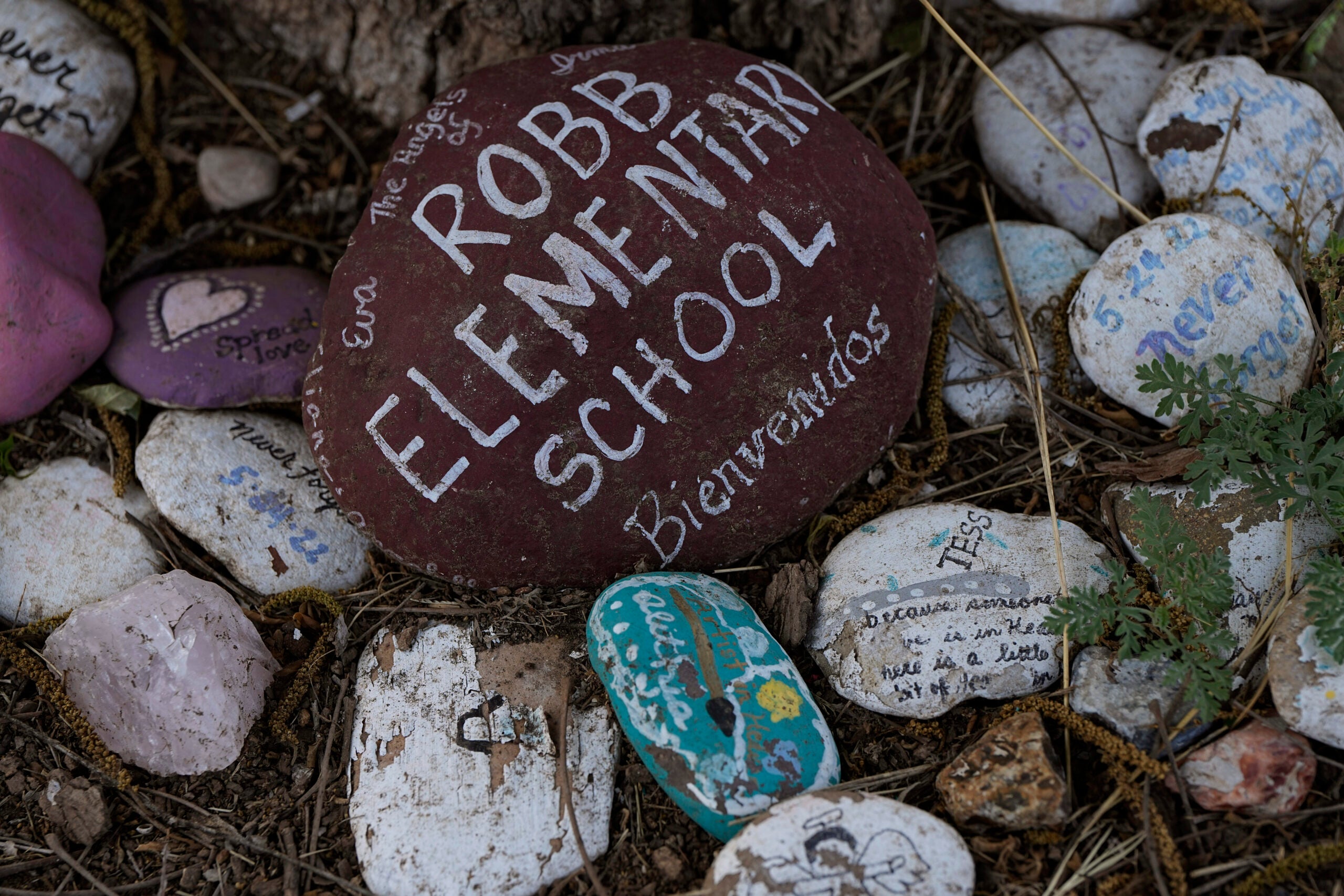 Decorated rocks honor the victims of the shooting at Robb Elementary School in Uvalde, Texas.