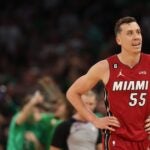 Duncan Robinson #55 of the Miami Heat looks on against the Boston Celtics during the fourth quarter in game two of the Eastern Conference Finals at TD Garden on May 19, 2023 in Boston, Massachusetts.