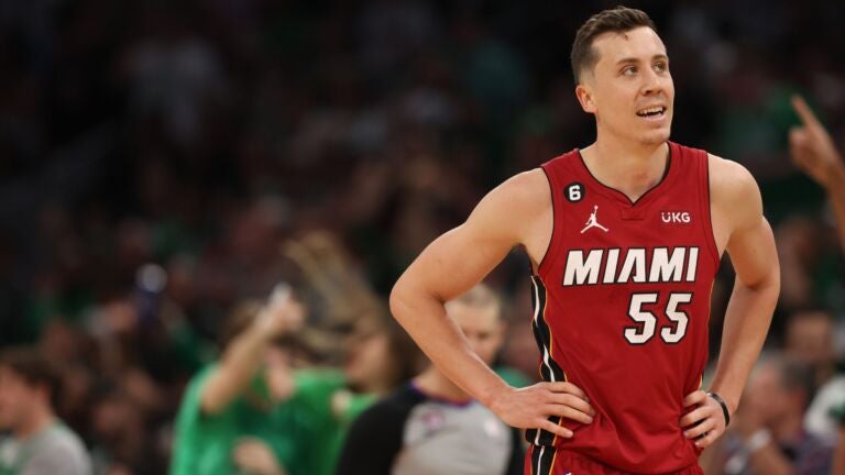 Duncan Robinson #55 of the Miami Heat looks on against the Boston Celtics during the fourth quarter in game two of the Eastern Conference Finals at TD Garden on May 19, 2023 in Boston, Massachusetts.