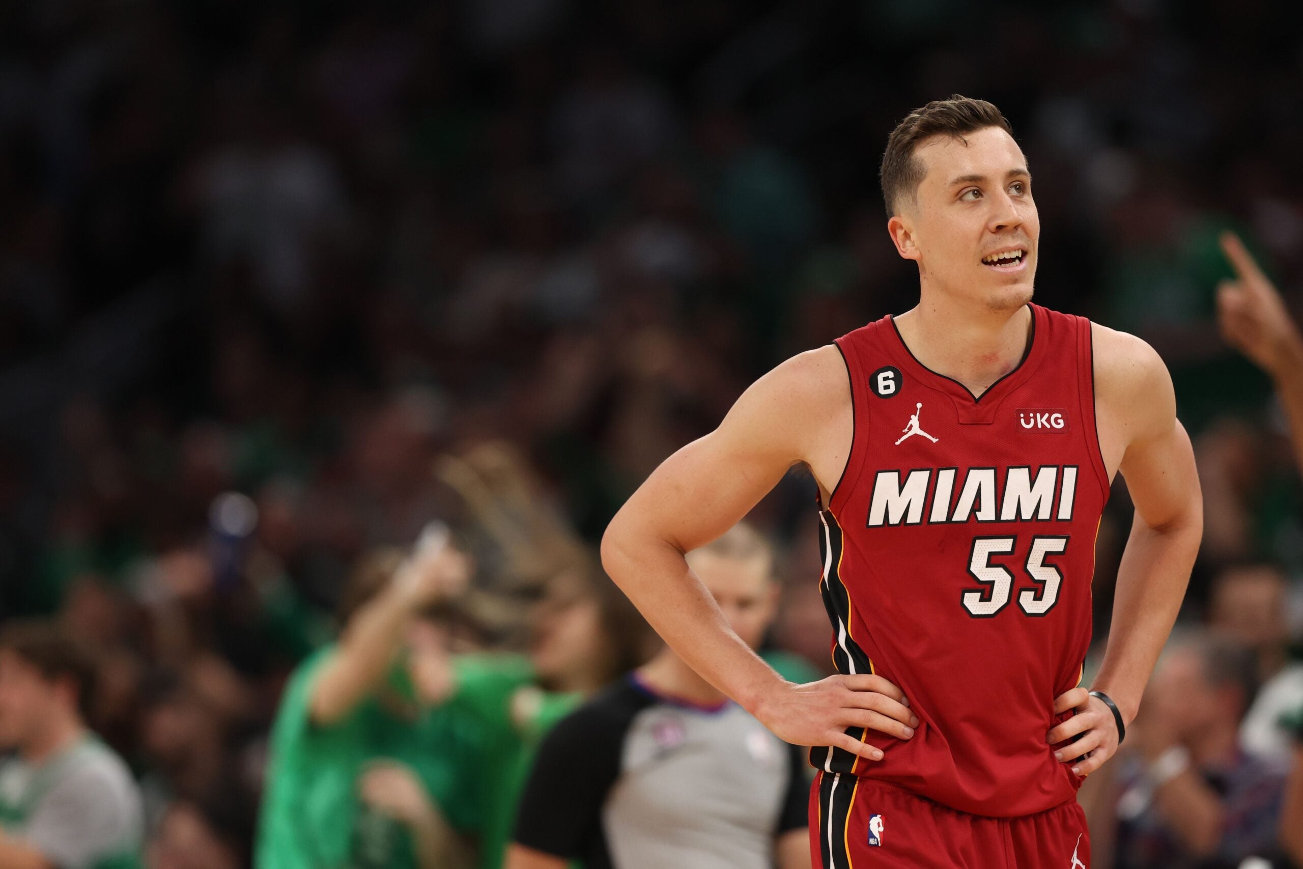 Duncan Robinson #55 of the Miami Heat looks on against the Boston Celtics during the fourth quarter in game two of the Eastern Conference Finals at TD Garden on May 19, 2023 in Boston, Massachusetts.