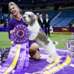 Handler Janice Hays poses for photos with Buddy Holly, a petit basset griffon Vendéen, after he won best in show during the 147th Westminster Kennel Club Dog show, Tuesday, May 9, 2023, at the USTA Billie Jean King National Tennis Center in New York.