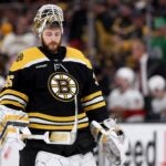 Linus Ullmark #35 of the Boston Bruins reacts against the Florida Panthers during the second period in Game Five of the First Round of the 2023 Stanley Cup Playoffs at TD Garden on April 26, 2023 in Boston, Massachusetts.