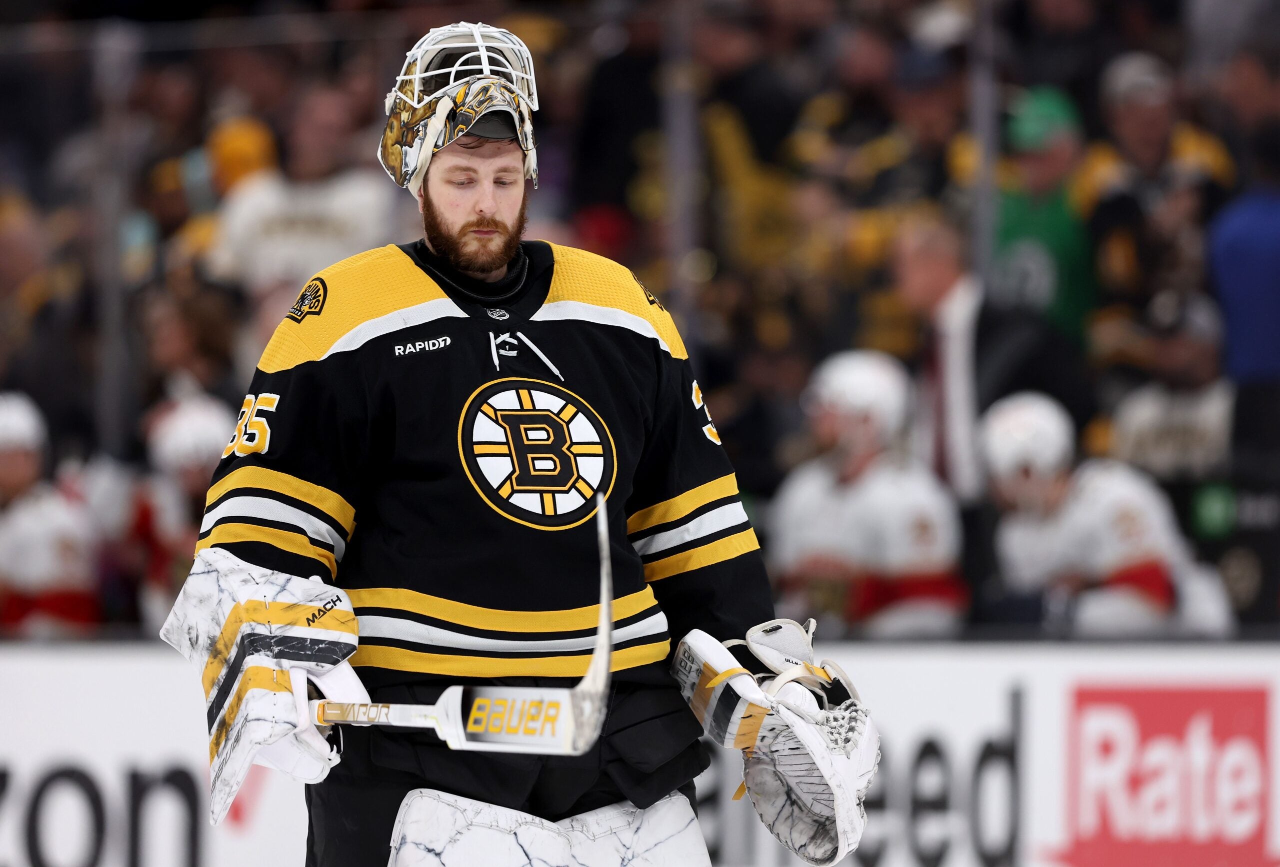 Linus Ullmark #35 of the Boston Bruins reacts against the Florida Panthers during the second period in Game Five of the First Round of the 2023 Stanley Cup Playoffs at TD Garden on April 26, 2023 in Boston, Massachusetts.