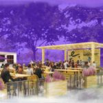 An design rendering of the new beer garden and performance space on the Boston Common. The background of the image is tinted purple.