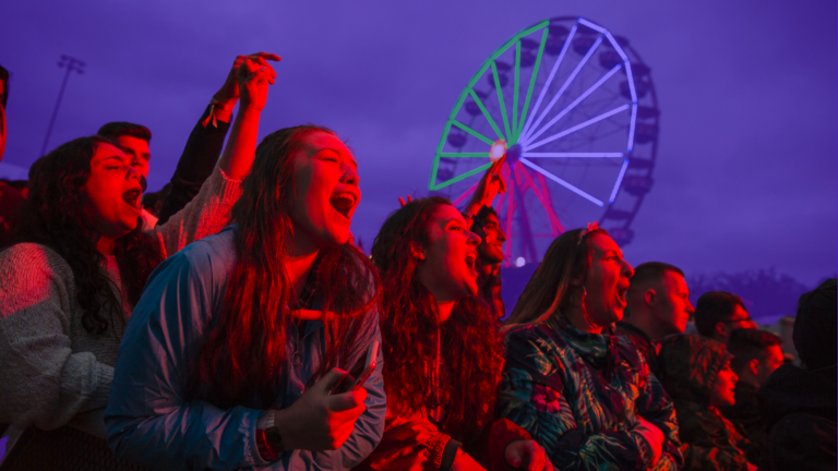 A crowd of fans at a concert are singing and lit up red by the glow of the stage. A ferris wheel is visible in the background. The sky is tinted purple.