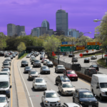 Traffic on Storrow Drive with the city skyline in the background. The sky is tinted purple.