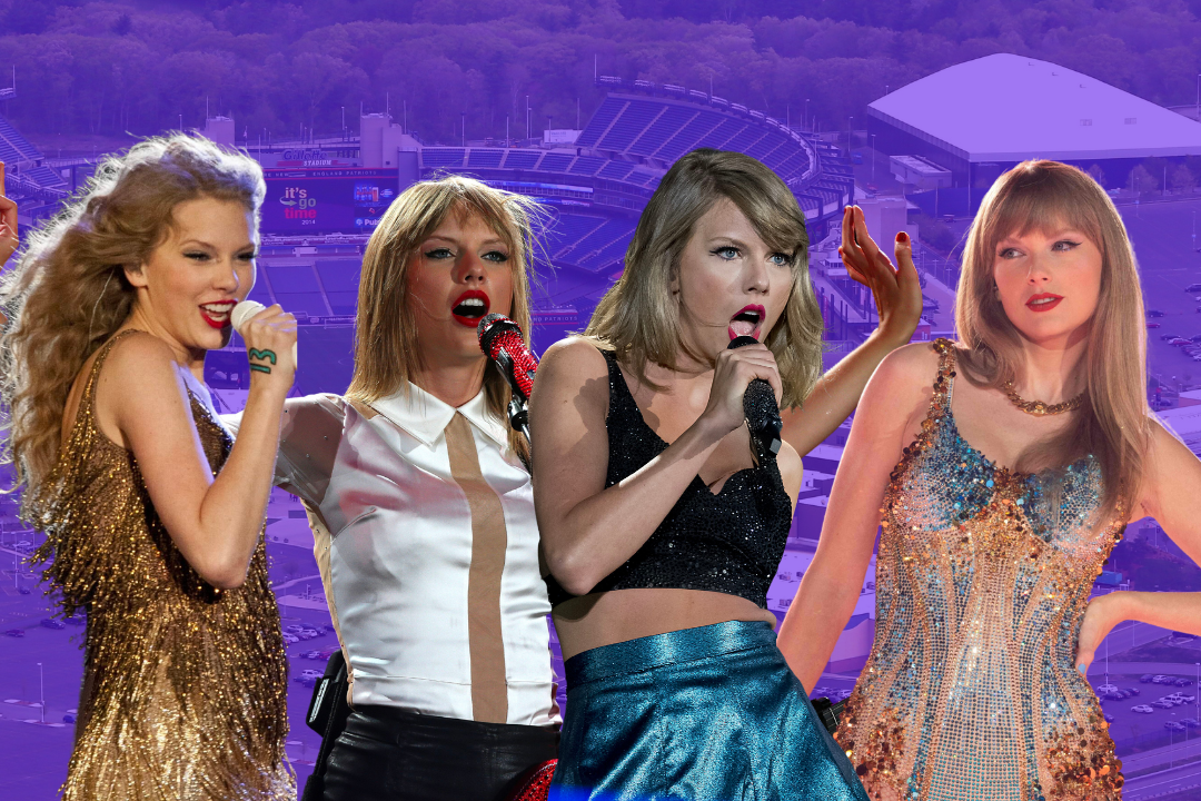 Four pictures of Taylor Swift singing at different performances are superimposed over a purple-tinted image of Gillette Stadium.