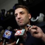 Patrice Bergeron speaks with the media during the end of season player availability inside the Bruins locker room at Warrior Ice Arena.