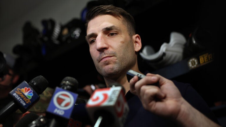 Patrice Bergeron speaks with the media during the end of season player availability inside the Bruins locker room at Warrior Ice Arena.