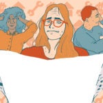 an illustration of home repair bills with three people: a white woman with blond hair and red glasses, a white man with a blue shirt and red hair, and a Black woman with an orange shirt. The background is dollar signs and wrenches.