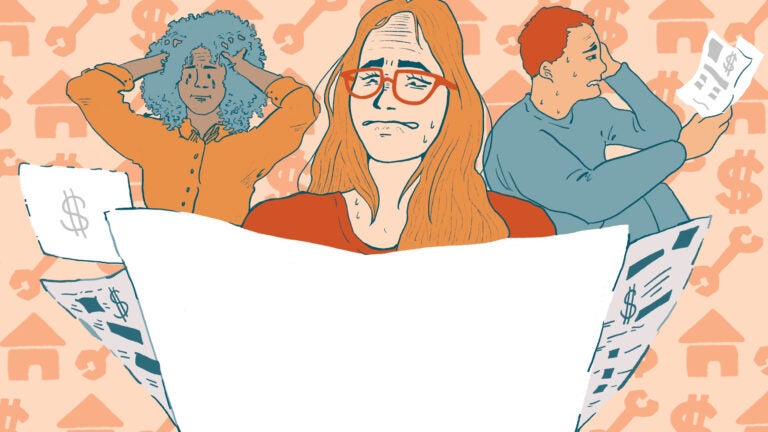 an illustration of home repair bills with three people: a white woman with blond hair and red glasses, a white man with a blue shirt and red hair, and a Black woman with an orange shirt. The background is dollar signs and wrenches.