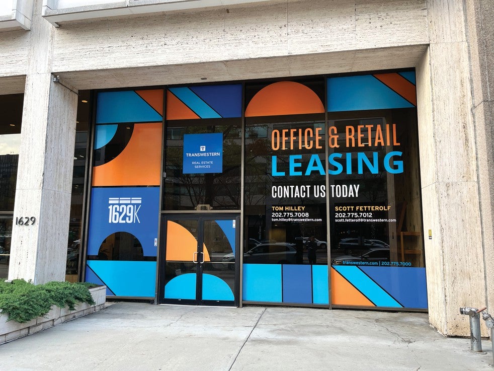 A sign advertising retail and office space at a building in downtown Washington, D.C., one of many with major vacancies.